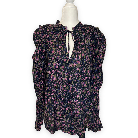 Free People Meant To Be Tie-Neck Blouse in Black Floral Top Long Sleeve - Picture 5 of 13